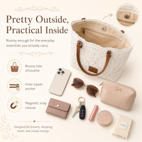 White Lace Purse for Women, Boho Shoulder Handbag with Ribbon Detail and PU Leather Strap, Beige Summer Small Tote Bag for Beach Vacation, Travel, Shopping and Daily Use - image 5
