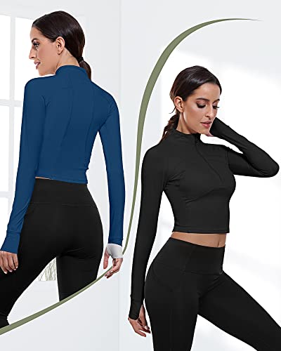 Neer 2 Pack Women's Workout Long Sleeve Jackets, 1/2 Zip Pullover Yoga Crop Tops Slim Fit Running Top With Thumb Holes (Black, Blue, Small) #TOP2