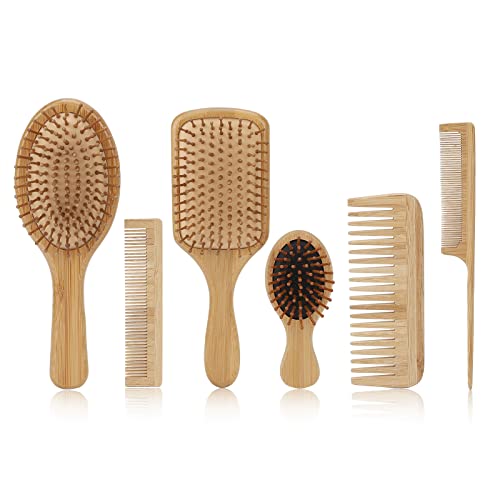 YUYTE 6 in 1 Bamboo Hair Brush Set Pallets Detangling Brushes Environmentally Friendly Natural Wooden Brush and Comb Set - Image 2