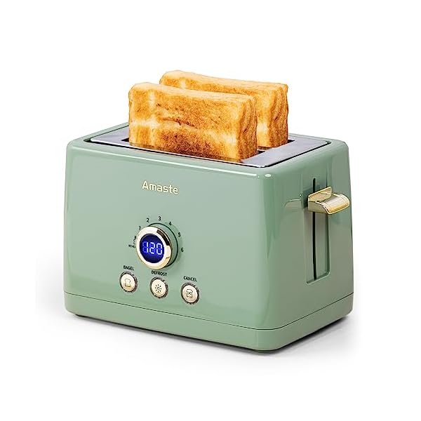 2 Slice Toaster, Retro Bread Toaster with LED Digital Countdown Timer, Extra Wide Slots Toasters with 6 Bread Shade Settings, Bagel, Cancel, Defrost Function, Stainless Steel with High Lift Lever, Removal Crumb Tray