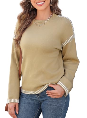 Image of Women's Crewneck Long Sleeve Sweater Casual Fall Contrast Ribbed Knit Pullover Jumper Tops