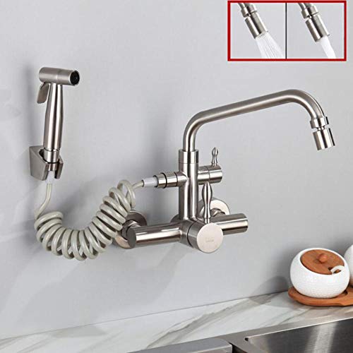 Robinet de cuisine mural avec pistolet pulvérisateur extractible double eau - 2