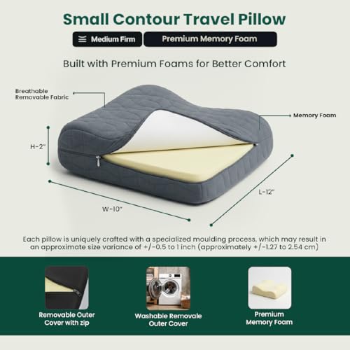 Image of The White Willow Vintage Contour Travel Memory Foam Pillow with Cover - 12 inch x 10 inch X 3 inch, Grey