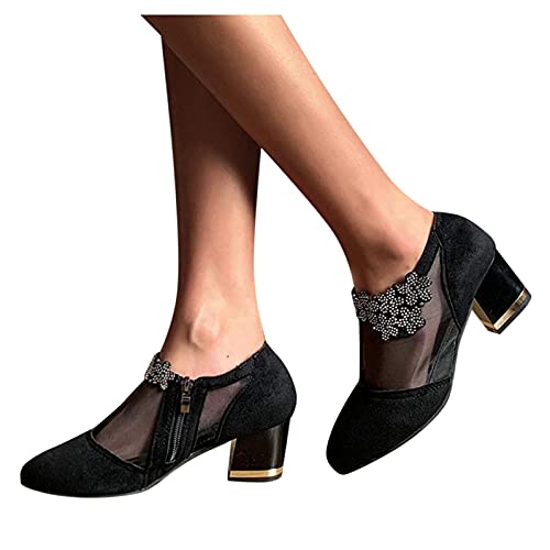 Hbeylia Women's Dress Ankle Booties For Ladies Fashion Sexy Sheer Lace Flower Design Suede Round Toe Chunky Block High Heels Low Top Ankle Boots Dressy Pump Short Boots For Women Wedding Banquet Party
