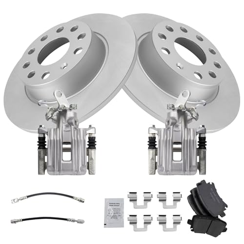 Image of TRQ Rear Brake Pad and Rotor Set Ceramic Coated Rotors Calipers Compatible with 2010 Audi A3 A3 Quattro Volkswagen Golf Jetta 2011 GTI