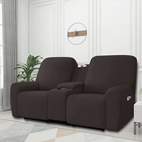 Image of Easy-Going Stretch Recliner Loveseat Cover with Center Console Sofa Slipcover Soft Fitted Fleece 2 Seats Couch with Holder and Storage Washable Furniture Protector Chocolate