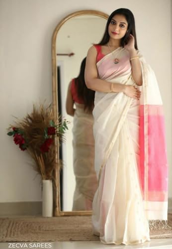 Image of ZECVA Women's Pure Soft Spun Cotton Lichi Silk Saree For Women With Attach Unstitch Blouse Piece