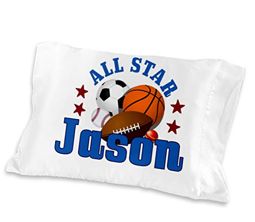 (Toddler Size) Personalized All Star Boys Sports Pillowcase Baseball Basketball Football Soccer Ball Design