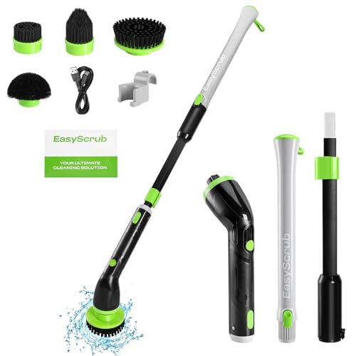 EasyScrub Cordless Electric Spin Scrubber - Powerful 350 RPM Cleaning with 4 Replaceable Heads Adjustable Extension Handle IPX7 Waterproof Ideal for Shower Tiles Tubs and Grout