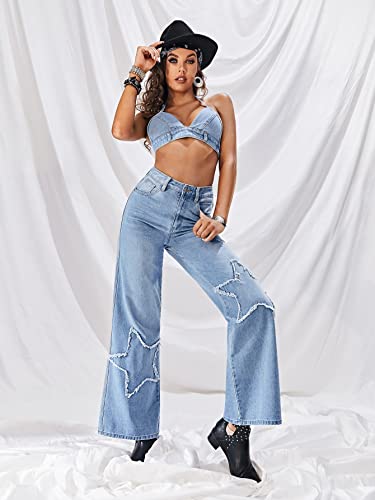 Wdirara Women's Color Block Tie Open Back Frayed Denim Crop Halter Top Light Wash L #TOP3
