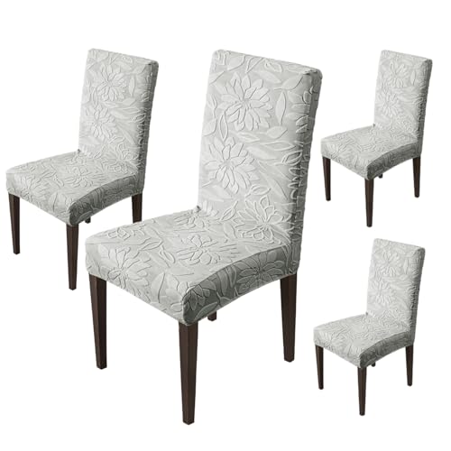 Image of House of Quirk Stretchy Universal Camellia Jacquard Waterproof Chair Cover Removable & Washable Short Dining Chair Cover Protector Seat Slipcover (Dark Grey,Pack of 4)