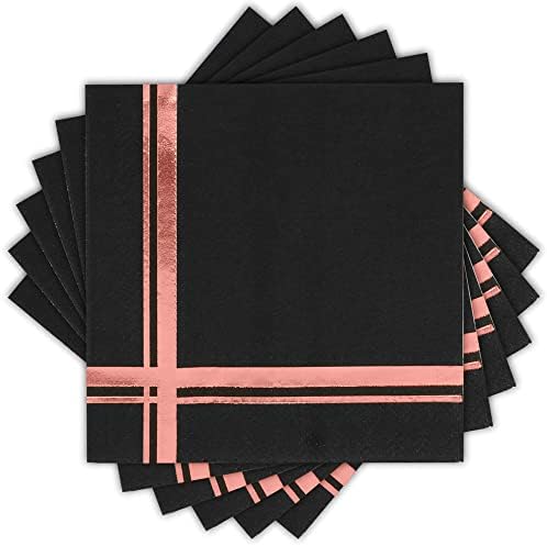Fanxyware Rose Gold on Black Cocktail Napkins - 100 Pack, 5" x 5", 3-Ply Paper - Style Name: Blissful Crossing