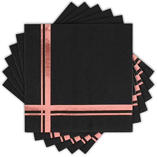 Fanxyware Rose Gold On Black Cocktail Napkins - 100 Pack, 5" X 5", 3-Ply Paper - Style Name: Blissful Crossing #TOP3