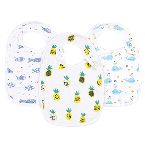 Image of Snap Muslin Bibs for Boys & Girls, 3-Pack Baby Bibs for Infants, Newborns and Toddlers, 100% Cotton Muslin Absorbent & Soft Layers, Adjustable Snaps, Machine Washable, Fish,Pineapple,Whale"