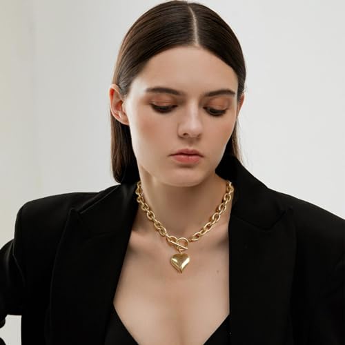 Fauthenticute Gold Heart Pendant Necklaces For Women Worn Gold Chunky Link Chain Necklaces With A Heart Toggle And Bar Mothers Day Necklace Gifts For Mom thumb #6