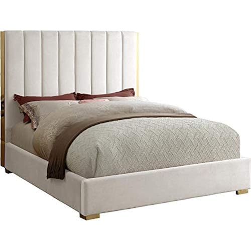 Meridian Furniture Becca Collection Modern | Contemporary Velvet Upholstered Bed with Deep Channel Tufting and Polished Gold Metal Frame, Cream, King