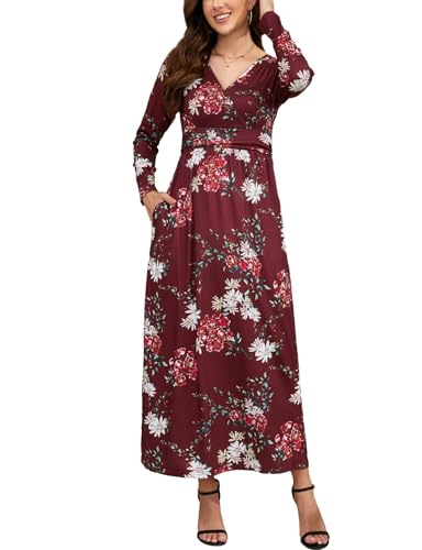 Xinlong Vestido Largo Floral Bohemia Cuello en V Manga Larga Maxi Vestido Casual con Bolsillos Talla Grande para Playa Partido Vacaciones Boda