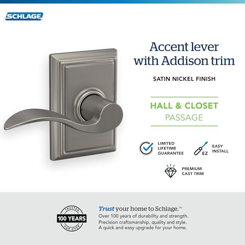 Image of Schlage F10 ACC 619 ADD Accent Door Lever with Addison Trim, Hall & Closet Passage Lock, Satin Nickel