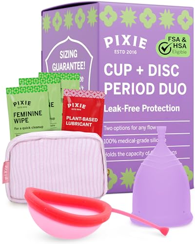 Pixie Menstrual Cup & Disc Duo for Feminine Care - Ranked 1 for Most Comfortable Reusable Period Cup & Disc - Buy One We Give One - Includes Ebook Guide, Flushable Wipes, Lube, Sanitizer & Storage Bag