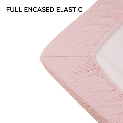 Image of TILLYOU Muslin Mini Crib Sheets 2 Pack, Pack and Play Mattress Sheets Fitted for Pack N Play, 38 x 26 Sheet for Toddler, Pink and Apricot