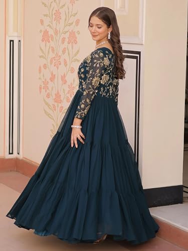 Image of FOXDX Womens Faux Georgette Sequence Embroidered Ankle Length Anarkali Gown for Women| Festival | Trending |