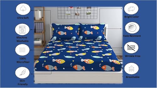 Image of RD FABS Glace Cotton Wrinkle Free Soft Hypoallergenic Bed Sheet with 2 Pillow Cover,Cartoon Printed,Double Bed King Size Bedsheet for Kids Room Boys Girls(90x95 Inches /Blue /Fish),144 TC