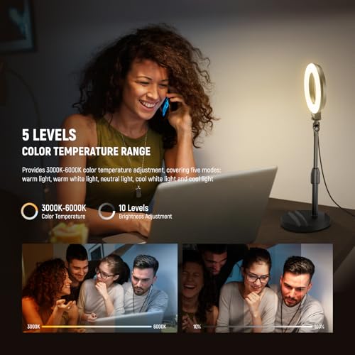 Image of NEEWER Basics 5 inch /13cm Desk Ring Light with Stand, 10W LED, Black BR60 | Phone Holder Base, Compatible with iPhone, Selfie, Video Recording, Makeup, Laptop Webcam Zoom, Video Conference Lighting