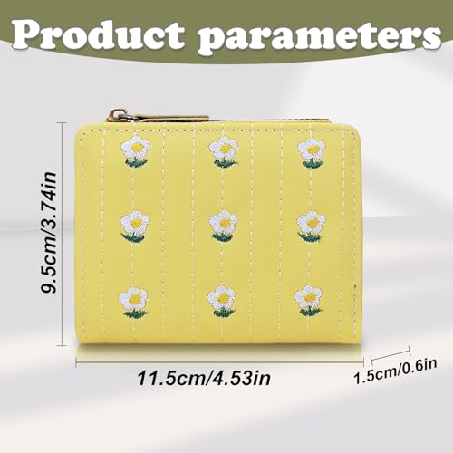 Small Wallets for Women, Bifold Minimalist Card Holder with Coin Pocket Muti Card Slots Floral Print Coin Purse (Yellow)2