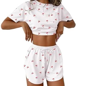 Ekouaer Schlafanzug Damen Kurz Sommer Pyjama Set Zweiteiliger Hausanzug Kurzarm T-Shirt mit Shorts Nachtwäsche, Kirsche M