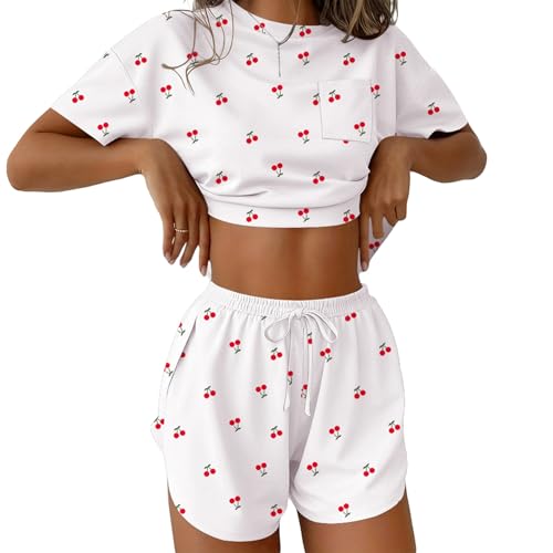 Ekouaer Schlafanzug Damen Kurz Sommer Pyjama Set Zweiteiliger Nachtwäsche Hausanzug Kurzarm T-Shirt und Shorts Kirsche M