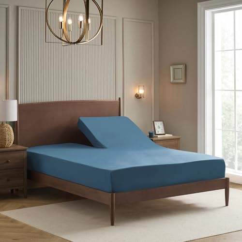 Image of Split Head King Sheets Set for Adjustable Beds 4 Piece Flex Top Bed Sheets - Deep Pocket Split Top Fitted Sheet with Built-in Corner Straps, Luxury Soft Cooling Bedding, Wrinkle Resistant, Denim