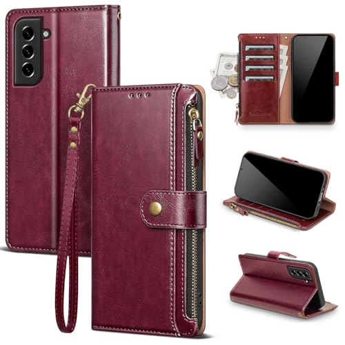 Scutumate Compatible with Samsung Galaxy S22 Wallet Case with Card Holder RFID Blocking Zipper PU Leather Flip Protective Cover Wrist Strap Credit Card Slots Men Women Phone Case for S22 6.1 Wine Red