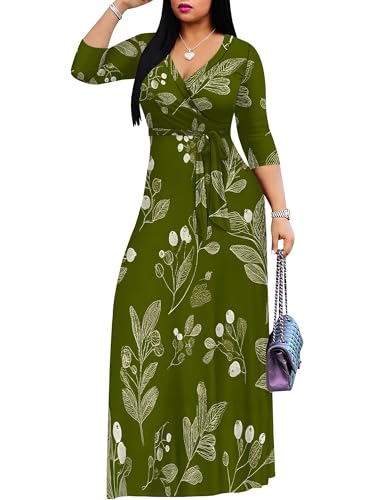 Image of Women's V Neck Floral Maxi Dress 3 /4 Sleeve Plus Size Boho Wrap Flowy Long Dresses with Belt