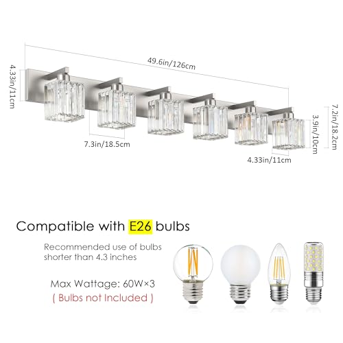 Image of Aipsun Brushed Nickel Bathroom Light Fixtures 6 Light Vanity Lighting Fixture Crystal Modern Bathroom Vanity Light (Exclude Bulb)