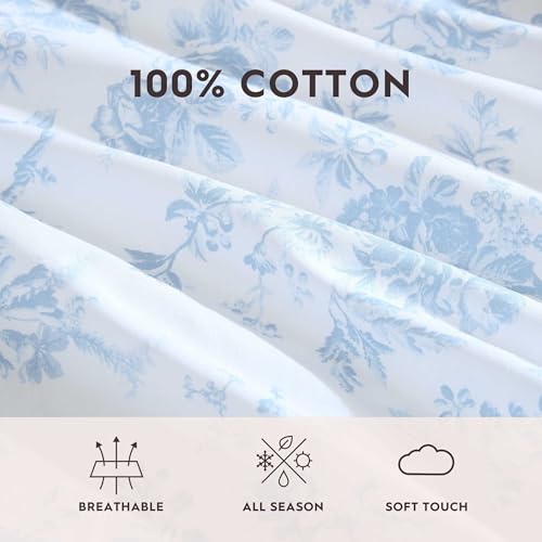 Image of Laura Ashley - Full Size Sheet Set, Crisp & Lightweight Cotton Percale Bedding with Fitted Sheet and Pillowcases, Floral Room Decor, Deep Pocket, College Dorm Room Essentials (Walled Garden Blue)