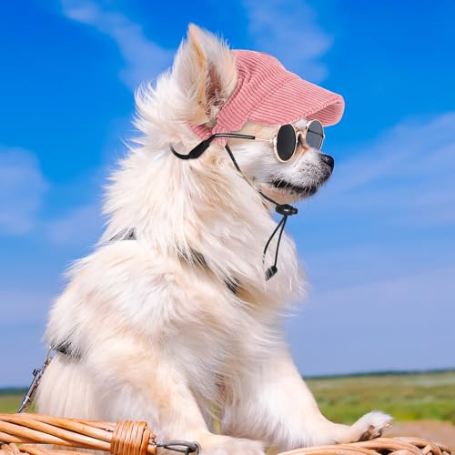 Jadive Hunde Sonnenhut mit Ohrlöchern Katze Hunde Sonnenbrille mit Rutschfestem Silikonband Verstellbarer Haustier Baseballmütze Sommer Sonnenschutz Hut für Welpen Foto-Requisiten(Rosa,Klein)