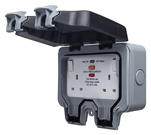 BG Electrical WP22RCD dubbel stopcontact met schakelaar en RCD-zekering, latchfunctie, voor buiten, weerbestendig, 13 A, IP66