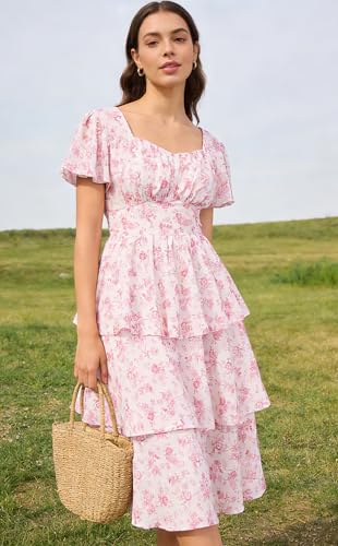Women's Vintage Floral Sun Dress 2026 Summer Short Sleeve Tiered Ruffle Layered A-line Swing Bridal Shower Dress 2XL — view 3