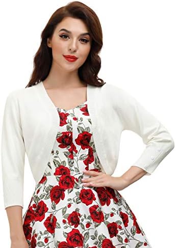 Belle Poque Womens 3/4 Sleeve Bolero Shrug Open Front Knit Cropped Cardigan(White M)