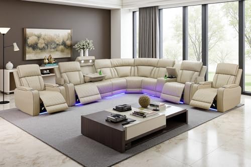 Image of Power Recliner Sectional Sofa Set with LED, Living Room Furniture Sets, L-Shaped Recliner Sofa & 2 Chairs, Luxury Sectional Couch with Charging /Storage for Living Room