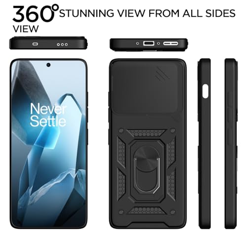 Image of Pikkme Back Cover for OnePlus 13 5G | 360 Protection Case | Sliding Camera Shield Cover & Ring Holder Stand D10 Tough Armor Bumper Case (Black)