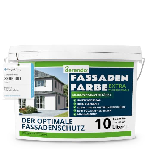 derendo Fassadenfarbe weiß silikonharzverstärkt mit EXTRA Wetterschutz, 10l, Fassaden Farbe mit hoher Deckkraft und guter Füllkraft bei kleinen Rissen, weiss matt