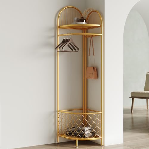 BUZUEY corner coat rack corner hall tree metal clothes rack gold clothing rack with storage basket and hooks for bedroom living room entryway.corner storage rack for clothes.