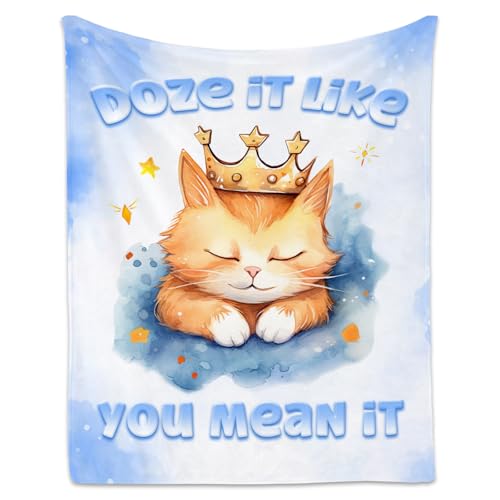 Cat Blanket, Cute Soft Throw Gifts for Boys, Cozy Flannel Throw Blankets for Bed Travel, Light Blue 50"x60"