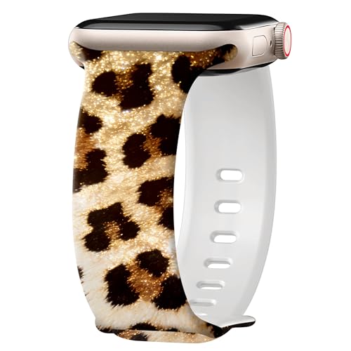 Image of wipalor Leopard Print Bands for Apple Watch Bands for Women 42mm 41mm 40mm 38mm, Cute Gold Leopard iWatch Bands Soft Silicone iPhone Watch Bands Series 11 10 9 SE 8 7 6 5 4 3 2 1-Gold