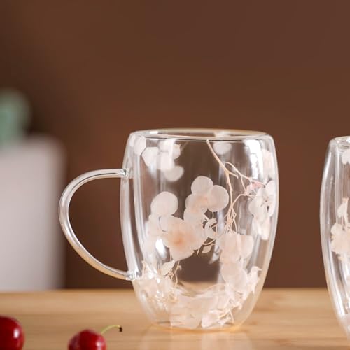 Image of Nestasia Double Wall Glass Mug with Dried Flowers Set of 2 (350ml Each) - Transparent Borosilicate Floral Glass Tea Cups | Lightweight & Durable Coffee Mugs - Perfect for Gifting (Peach)