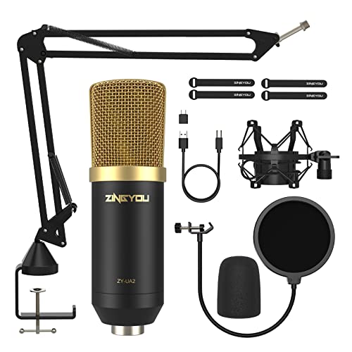 USB Condenser Microphone, ZINGYOU 96KHz/24Bit Cardioid Computer Mic Kit for PC Recording, Gaming, Live Streaming, Voice Over, YouTube, Twitch, with Upgraded Boom Arm, ZY-UA2 (Gold)