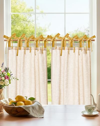 jinchan Crude Linen Kitchen Tier Curtains 30 Inches Yellow Tie Top 2 Panles