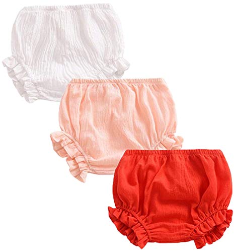 REWANGOING 3 Pack of Baby Infant Kids Girl Soild Cotton Linen Blend Soft Ruffle Bloomer Shorts Pants 70cm