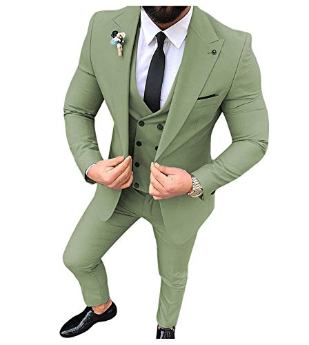 Men's 3 Piece Slim Fit Men Suit Notched Lapel Solid Groomsmen Tuxedos for Wedding(Blazer+Vest+Pants)(Tea Green,44)